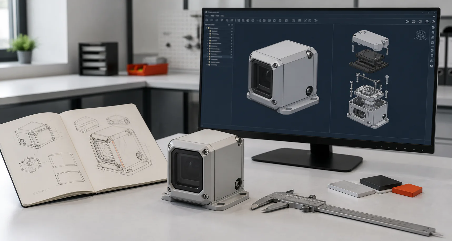 Product sketch, 3D CAD model and corresponding functional prototype